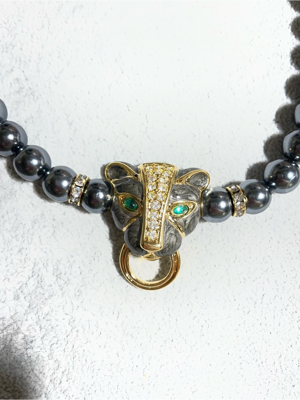 Vintage KJL for Avon Panther Necklace Grey Faux Pearls Rhinestones